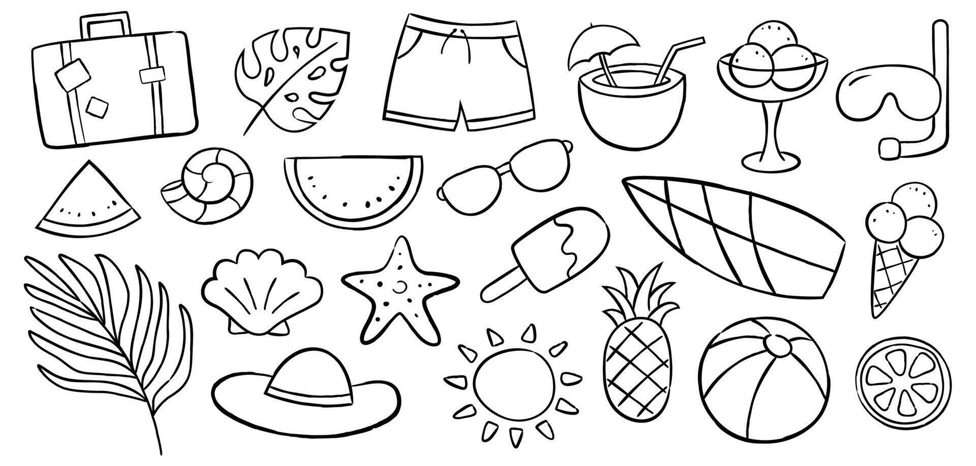 Summer icon doodle set on white background. Summer hand drawn symbols and objects. vector