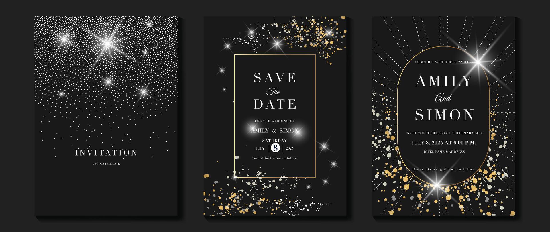 Elegant invitation card design . Luxury wedding card with firework, glitter spot texture on dark background. Design illustration for cover, poster, wallpaper, gala, VIP, happy new year. vector