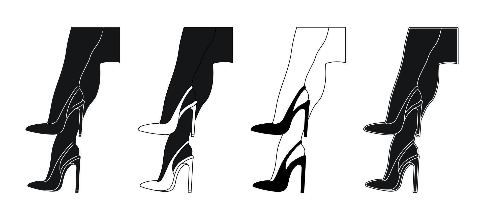 Silhouette outline of female legs in a pose. Shoes stilettos, high heels. Walking, standing, running, jumping, dance vector