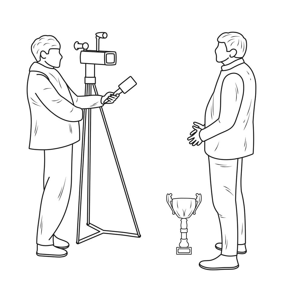 Correspondent, news reporter with microphone taking interview respondent vector
