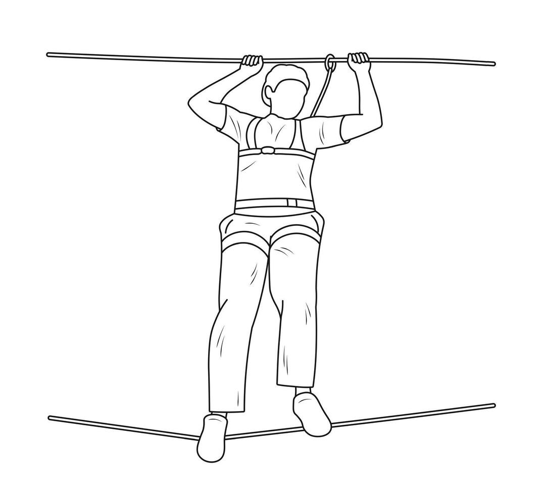 Sketch silhouette of a tourist walking a rope, tourism element vector