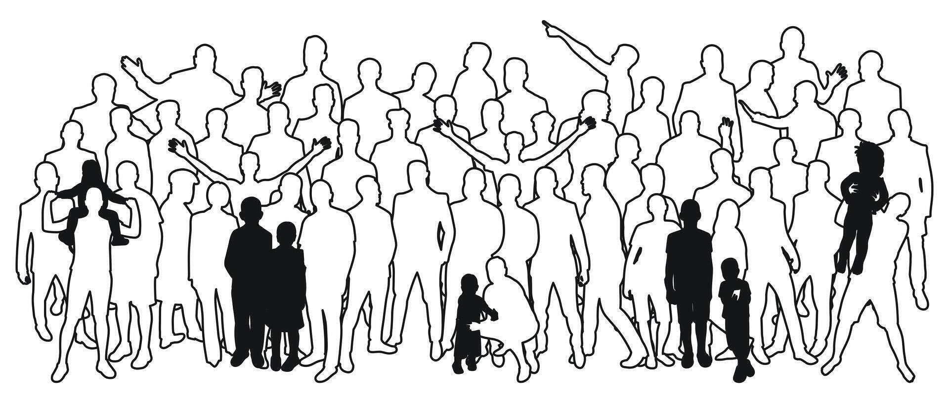 Image of a crowd silhouette, a group of people with children vector