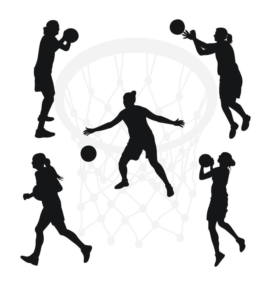 Basketball players in ball game, black silhouette vector