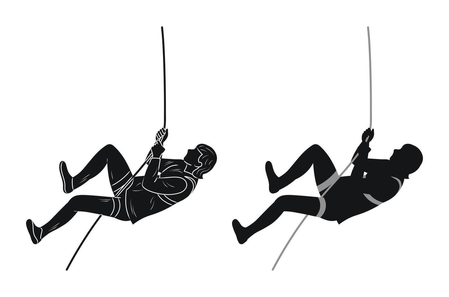 Climbing, rock climbing, silhouette man, climb to mountain with rope vector