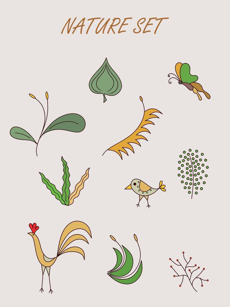 Hand drawn abstract wildflowers and leaves flat icons set. vector