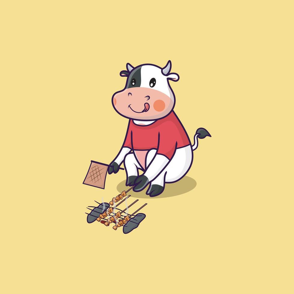Cute Cow are grilling satay Cartoon Icon Illustration. Animal Nature Icon Concept. Flat Cartoon Style. vector