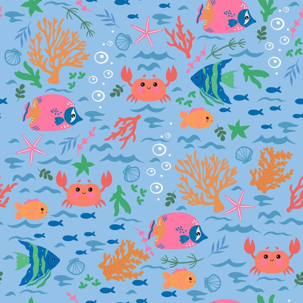Seamless pattern with crabs fish corals algae image vector