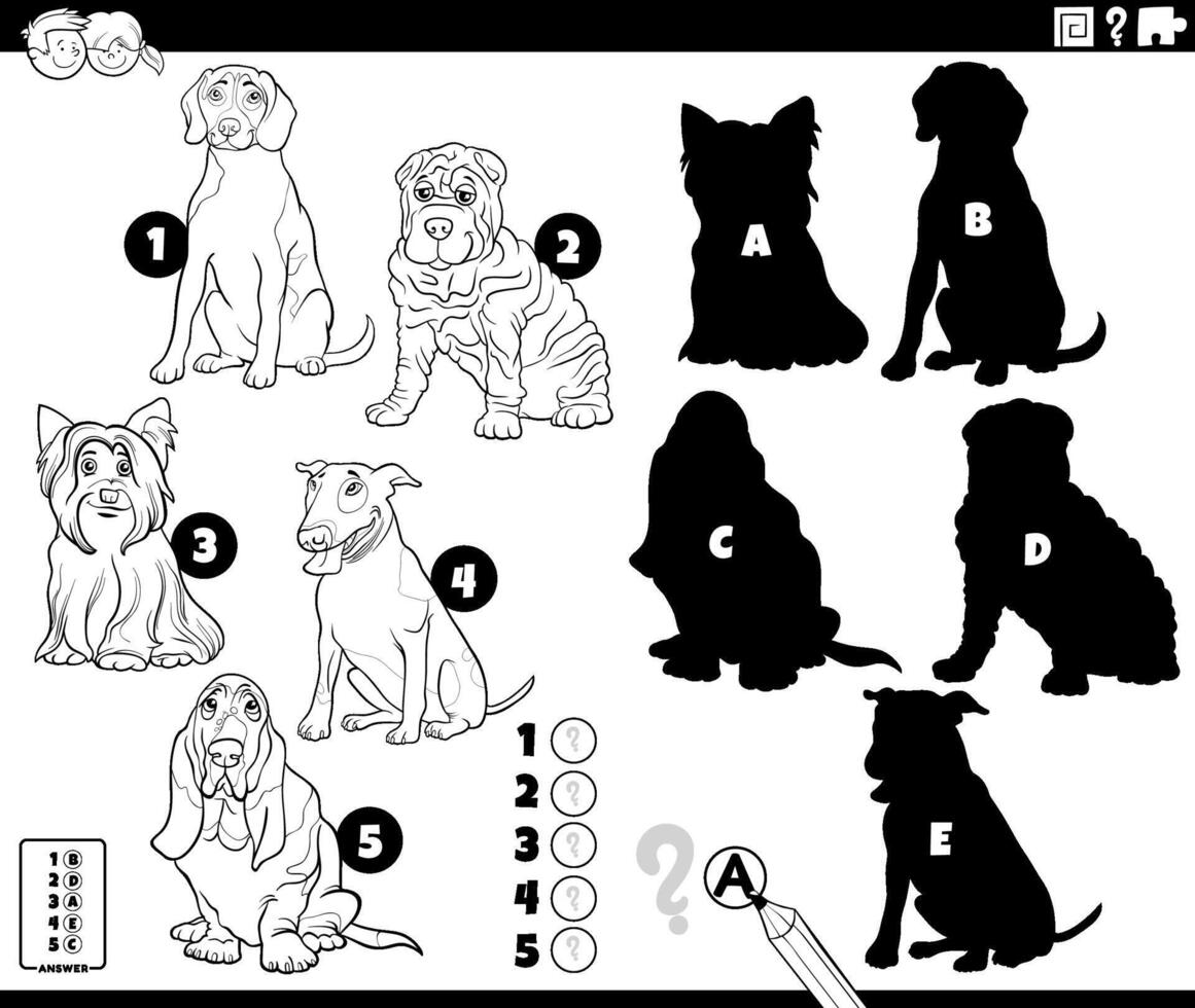 finding shadows activity with cartoon purebred dogs coloring page vector