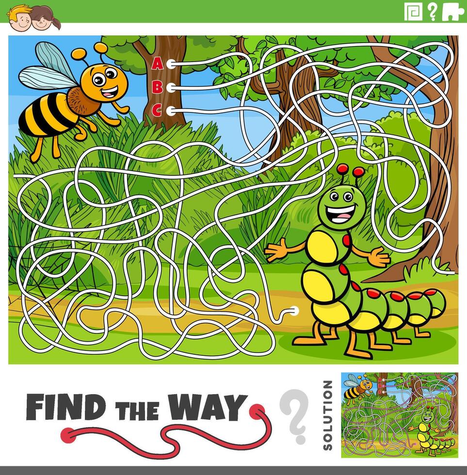 maze activity game with cartoon bee and caterpillar insects vector