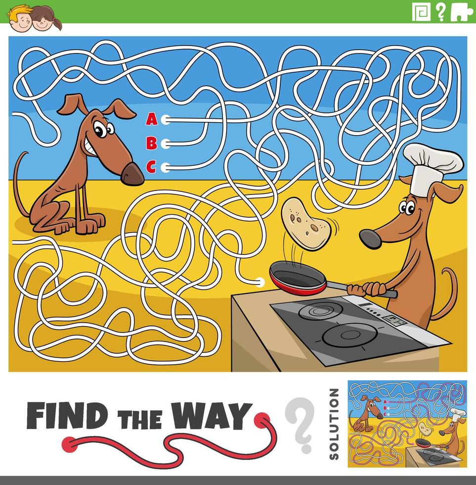 maze activity game with cartoon dogs animal characters vector