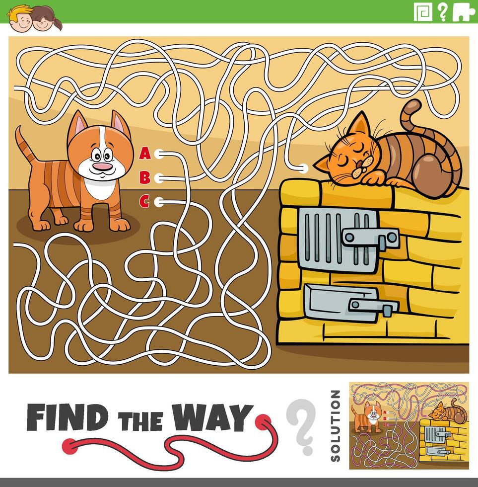 maze activity game with cartoon cats animal characters vector