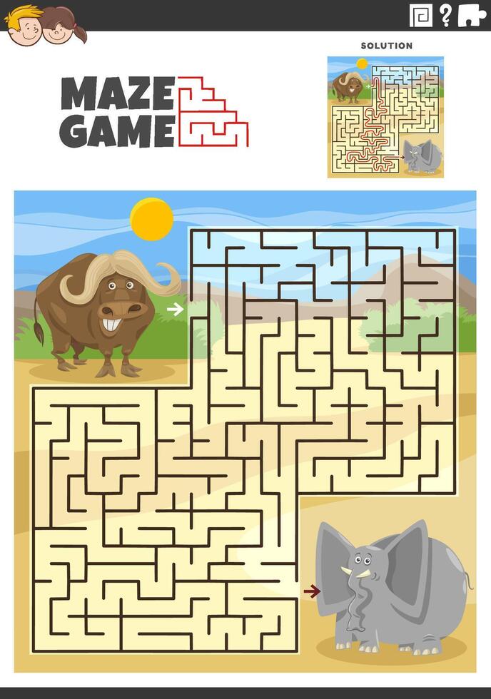 maze game with cartoon buffalo and elephant animals vector