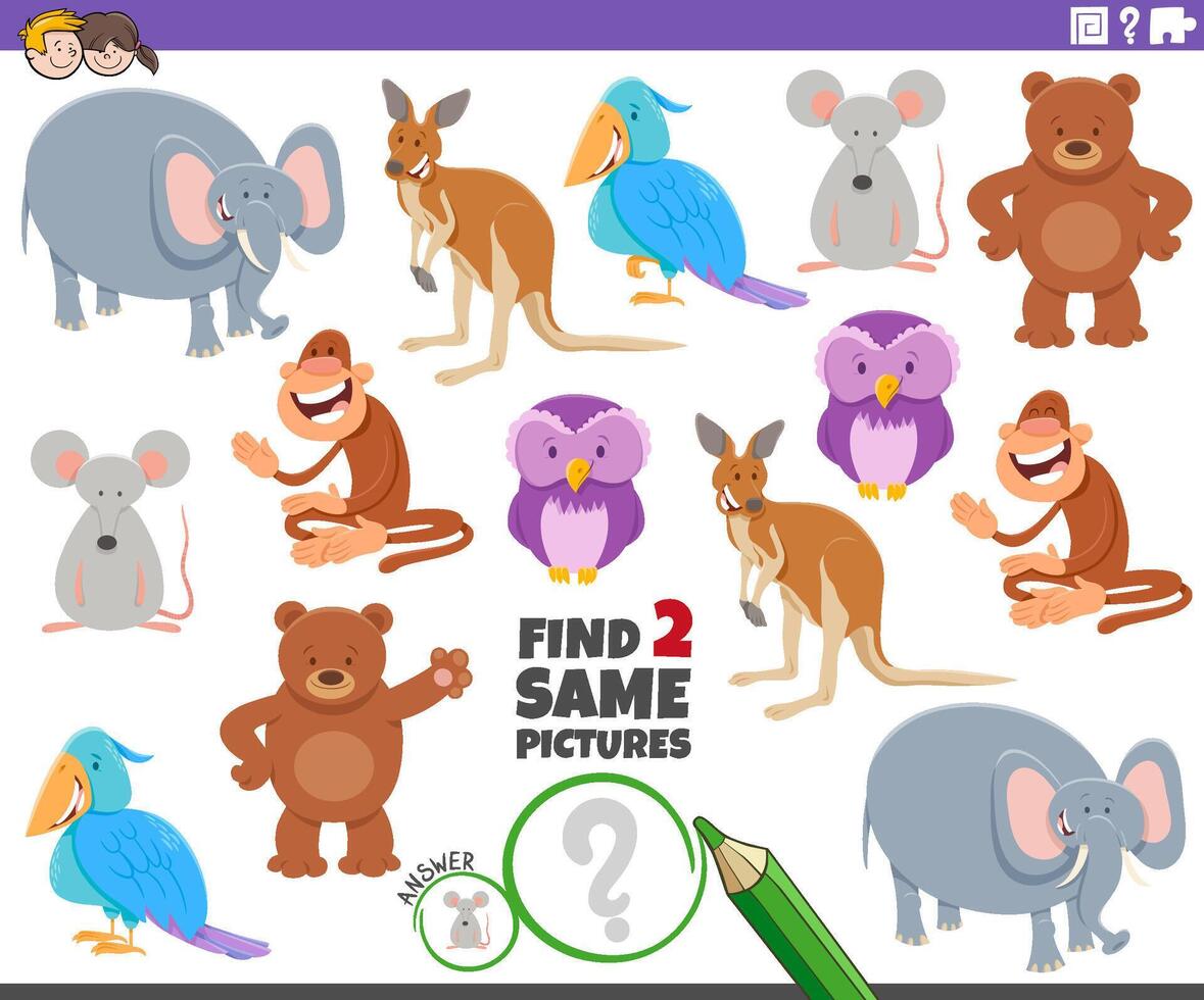 find two same cartoon animal characters activity vector