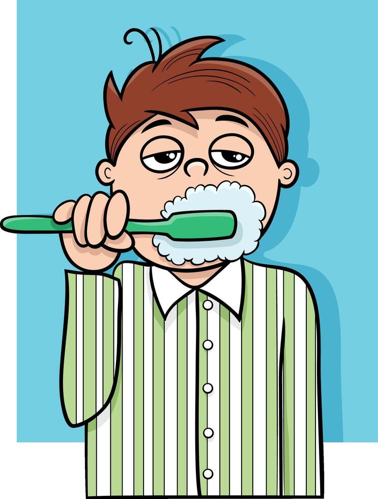 cartoon sleepy boy brushing his teeth in the morning vector