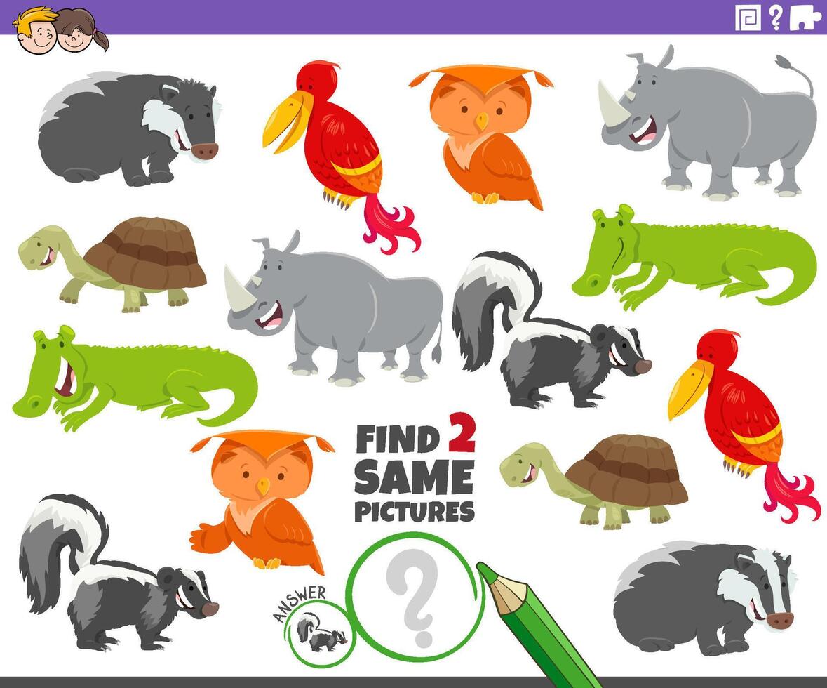 find two same cartoon animal characters activity game vector