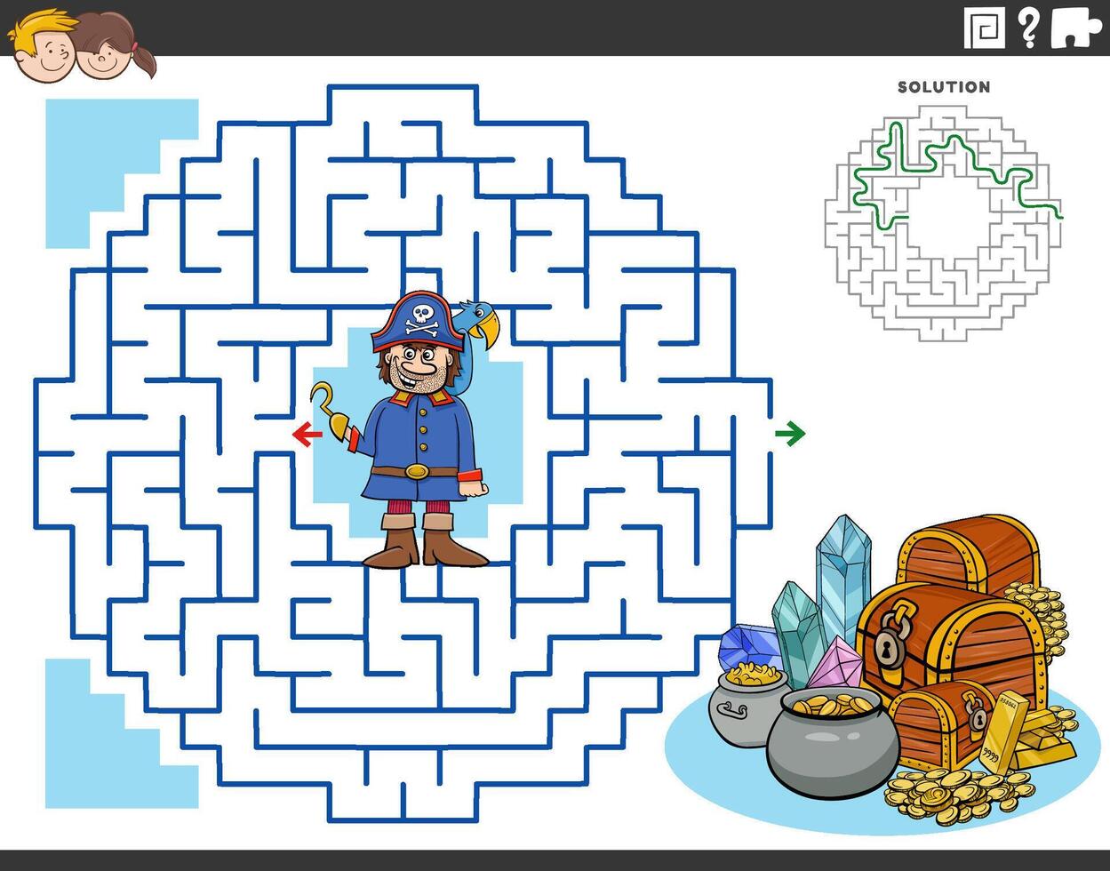 maze activity game with cartoon pirate character and treasure vector