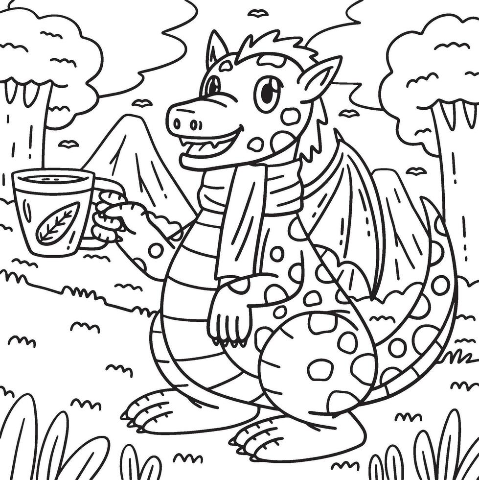 Dragon with Tea Coloring Page for Kids vector