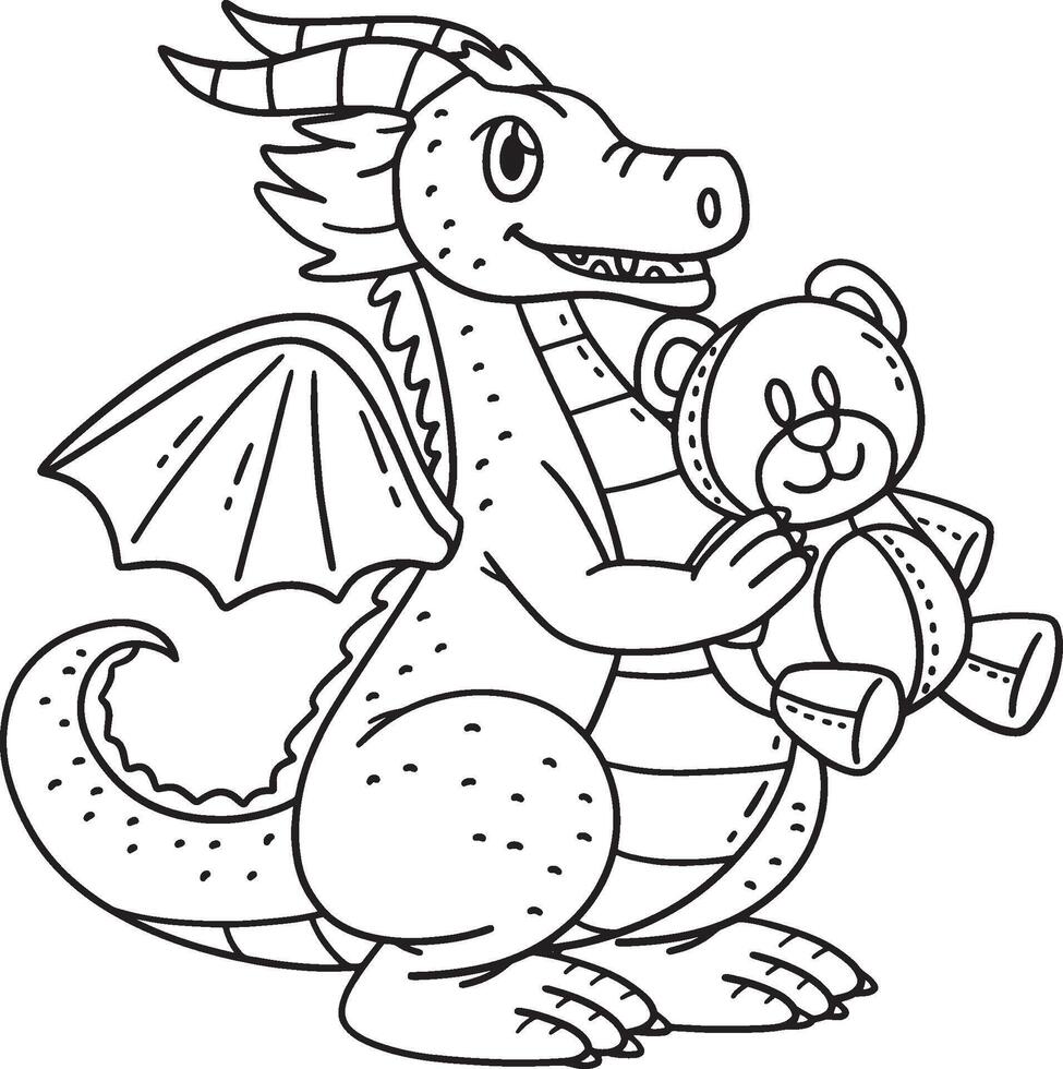Dragon with Bear Plushy Isolated Coloring Page vector