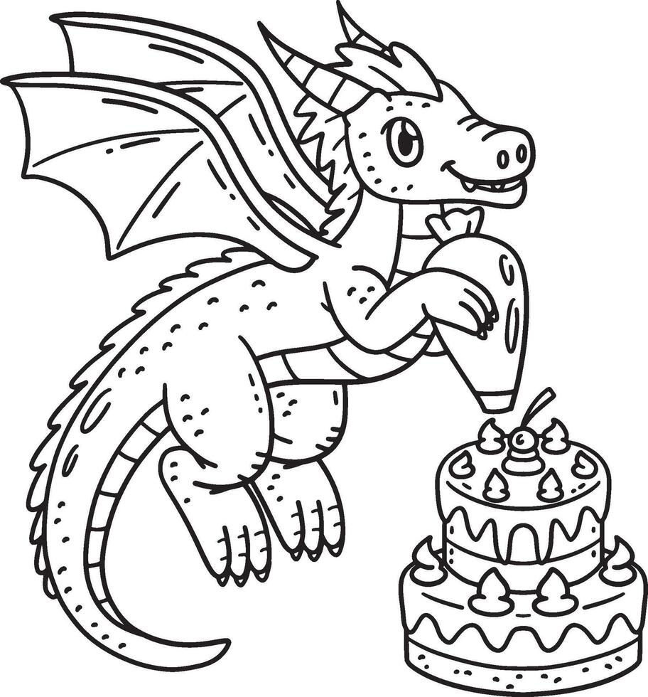 Dragon Decorating Cake Isolated Coloring Page vector