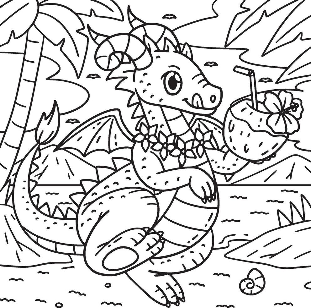 Dragon with Coconut Drink Coloring Page for Kids vector