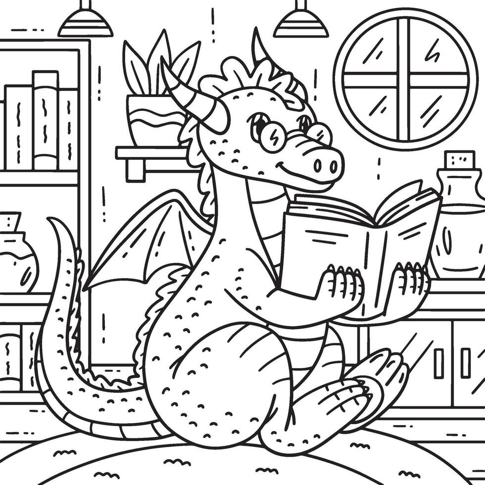 Dragon Reading a Book Coloring Page for Kids vector