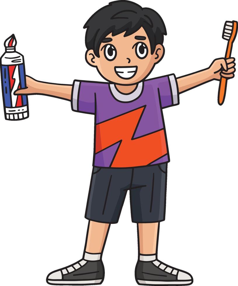Child with Toothbrush Toothpaste Cartoon Clipart vector
