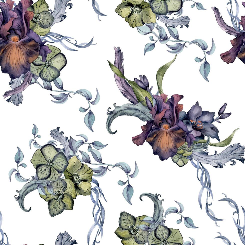 Black floral watercolor illustration and feathers isolated on white. Gothic flowers seamless pattern drawn. Dark botanical print with lily, iris. Element for package, wedding, Valentine background vector