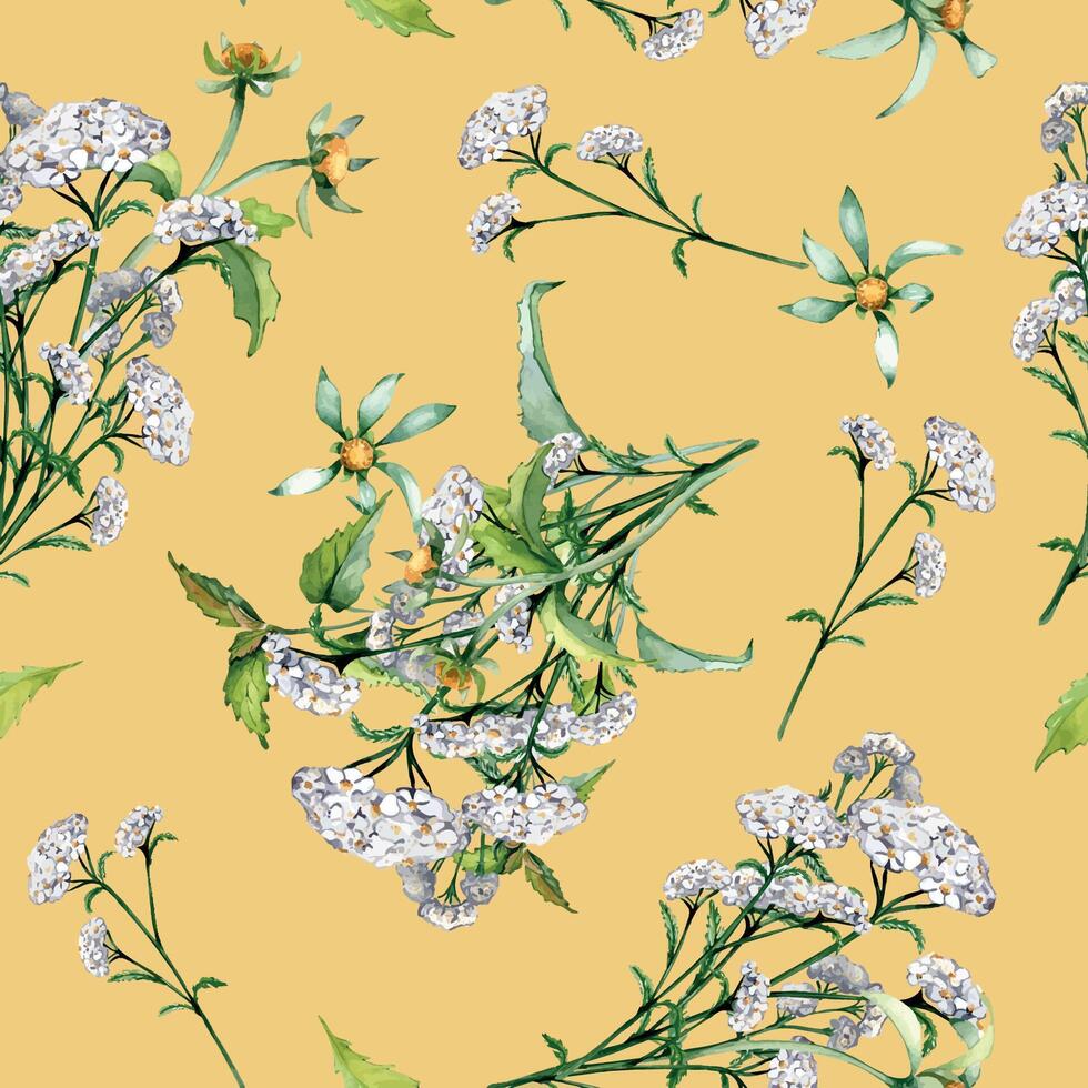Achillea yarrow, nettle, bidens beggarticks watercolor seamless pattern isolated on beige. Medicinal flowers painted. Useful herbs, medicinal plants hand drawn. Design for label, package, textile vector