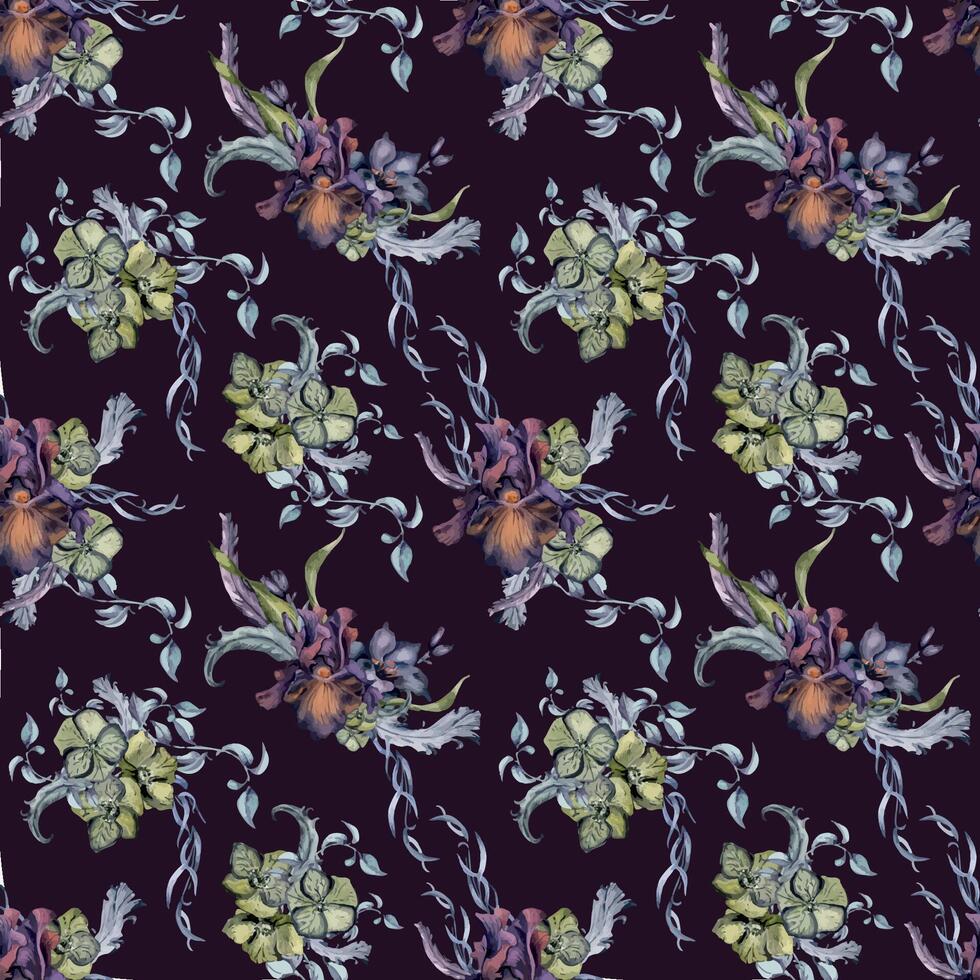 Gothic flowers seamless pattern drawn. Dark botanical print with lily, iris. Black floral watercolor illustration and feathers isolated on black. Element for package, wedding, Valentine background. vector