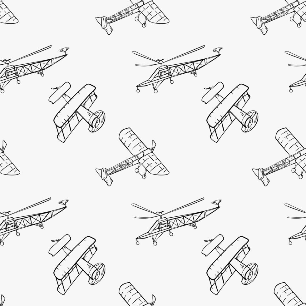Retro air planes black white outline on seamless pattern. Endless background with simple monochrome aircraft, helicopter silhouette hand drawn ink. Various air transport in doodles style vector