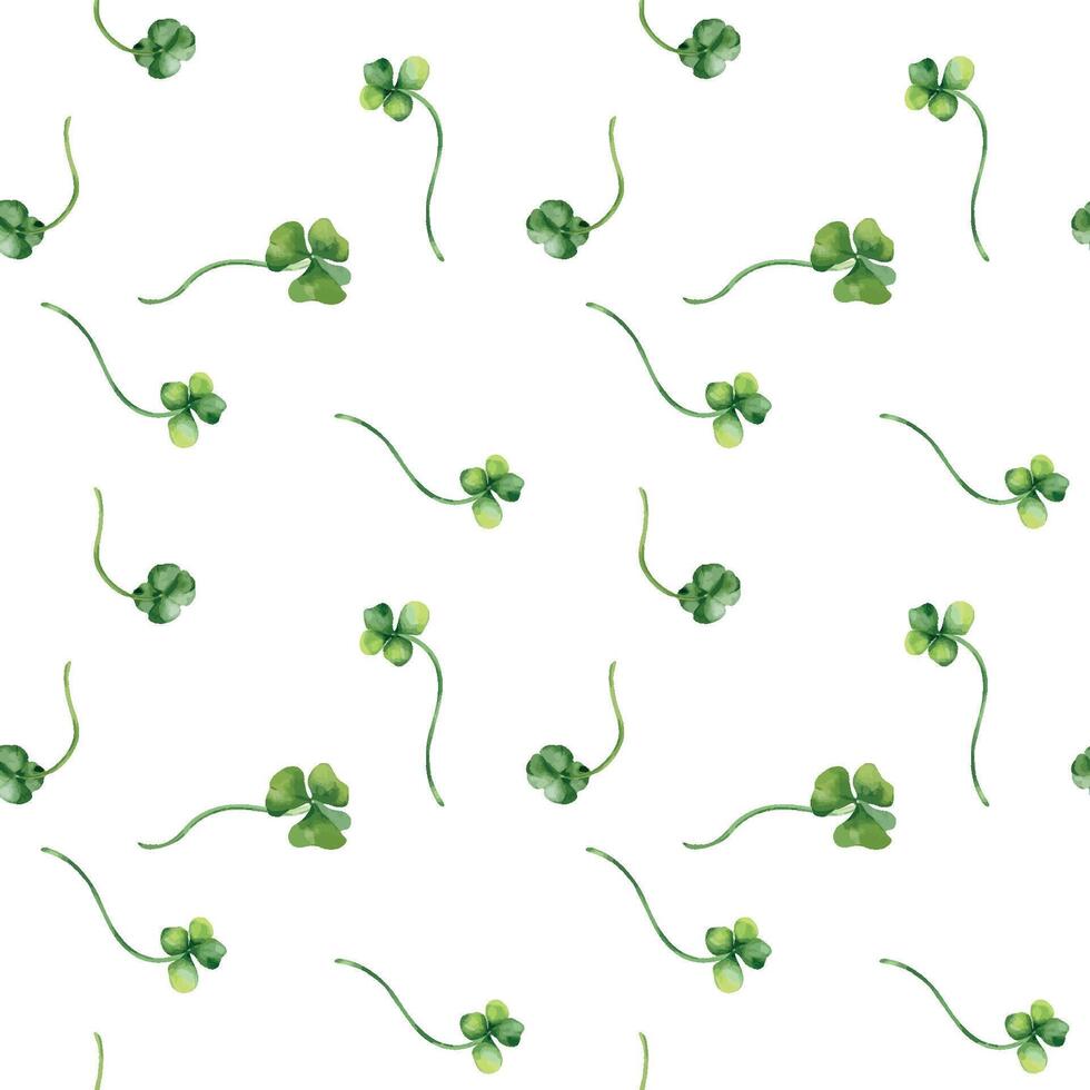 Shamrock and clover watercolor seamless pattern isolated on white background. Painted green four leaves. Hand drawn Celtic symbol. Design for St. Patrick day decoration, textile, wrapping, paper vector