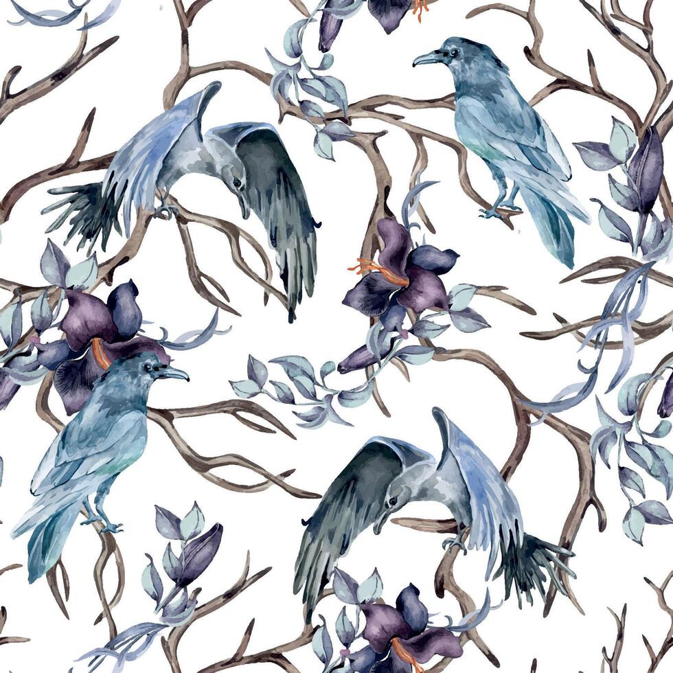 Mystical seamless pattern with watercolor crow isolated on white. Autumn winter woodland with black bird. Dark forest with dry branches and botanical flowers hand drawn. For package, textile, paper vector