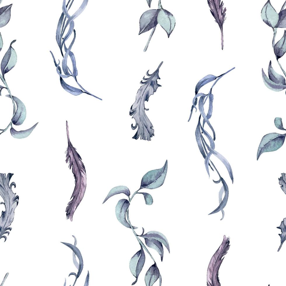 Black Gray feathers and leaves seamless pattern isolated on white background. Gothic floral background hand drawn. Dark Wedding Decoration in vintage style. Element for invitation, backdrop, paper vector