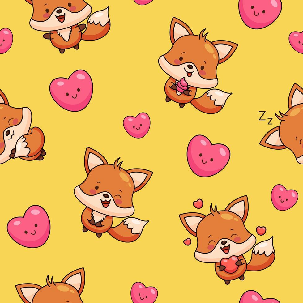 Cute baby fox with hearts - seamless pattern. kawaii style sketch with small animal. Valentines day romantic wallpaper vector