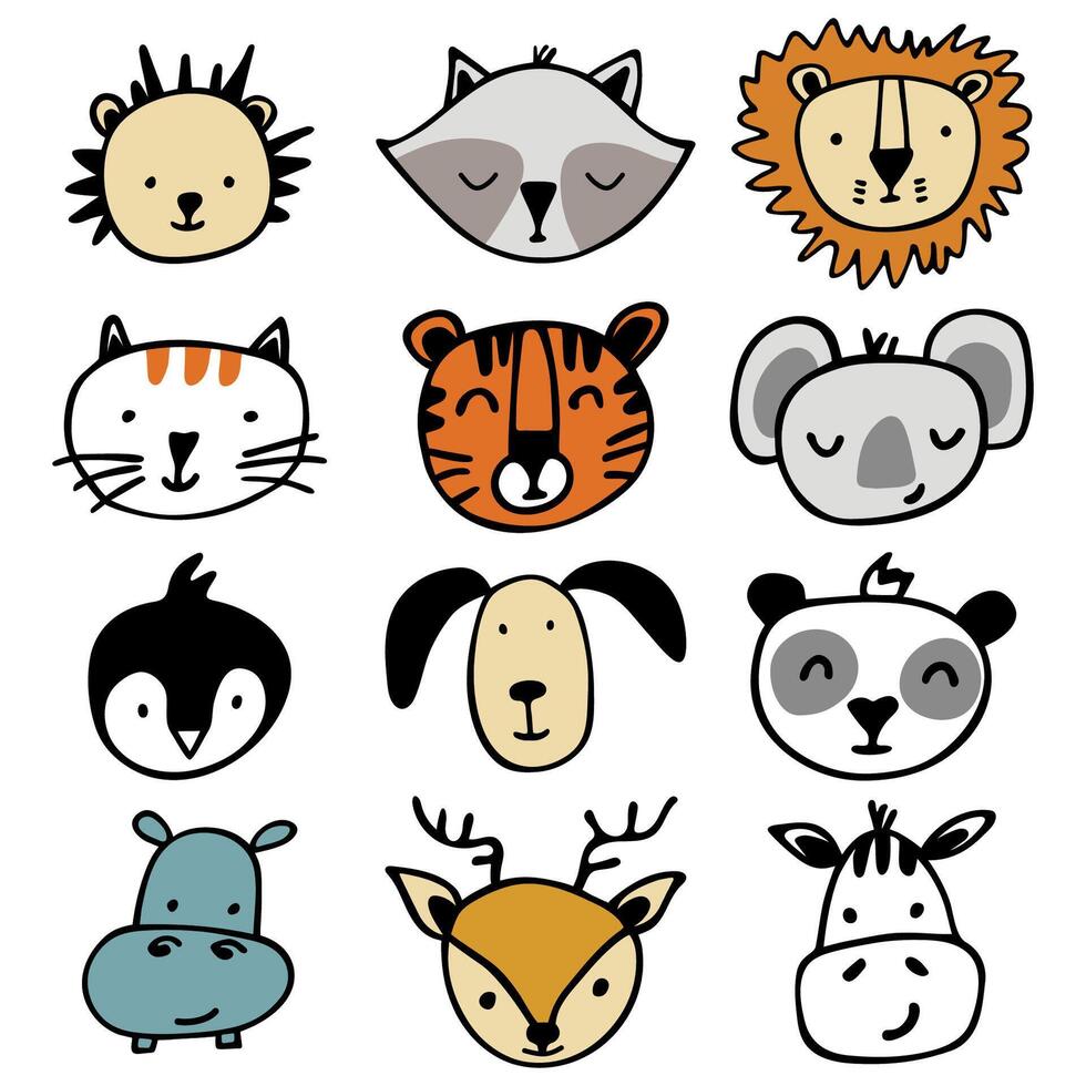 Collection of cute funny animal faces or heads wearing. Colorful hand drawn illustration vector
