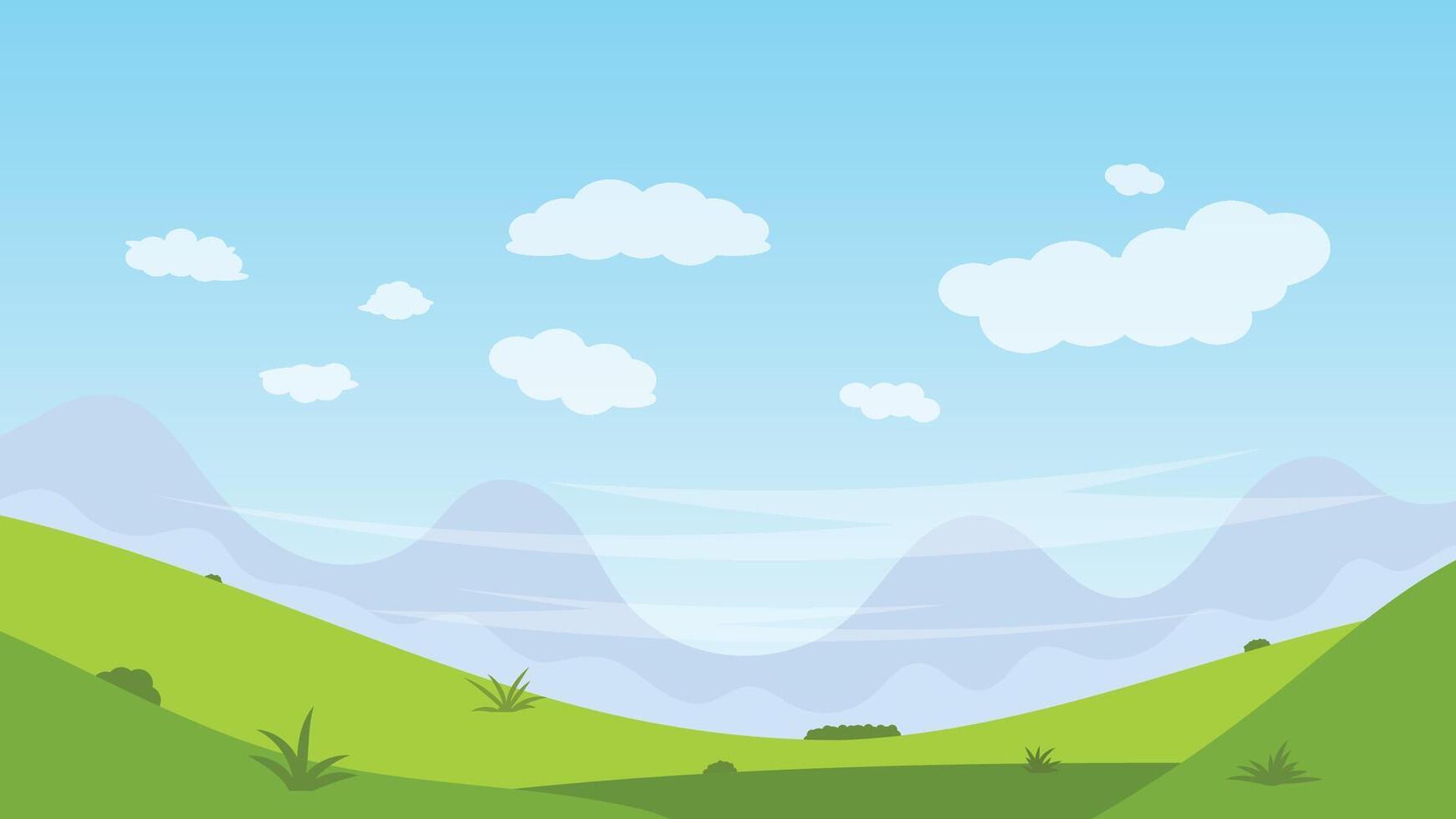 landscape carton scene background. green field with mountain and white cloud and blue sky vector