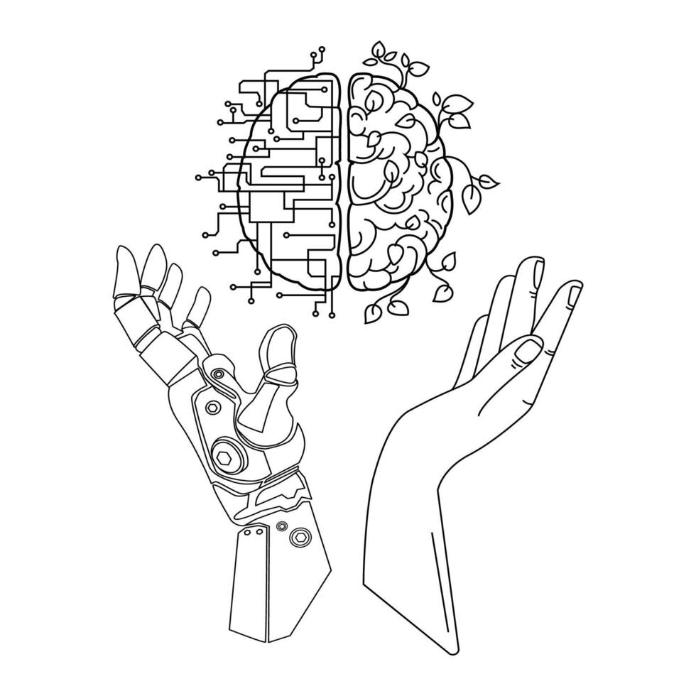 Robotic hand and hand of a man holding Artificial Intelligence Brain and human brain line art drawing for logo,emblem,print,poster. illustration. Modern technology and Artificial Intelligence vector