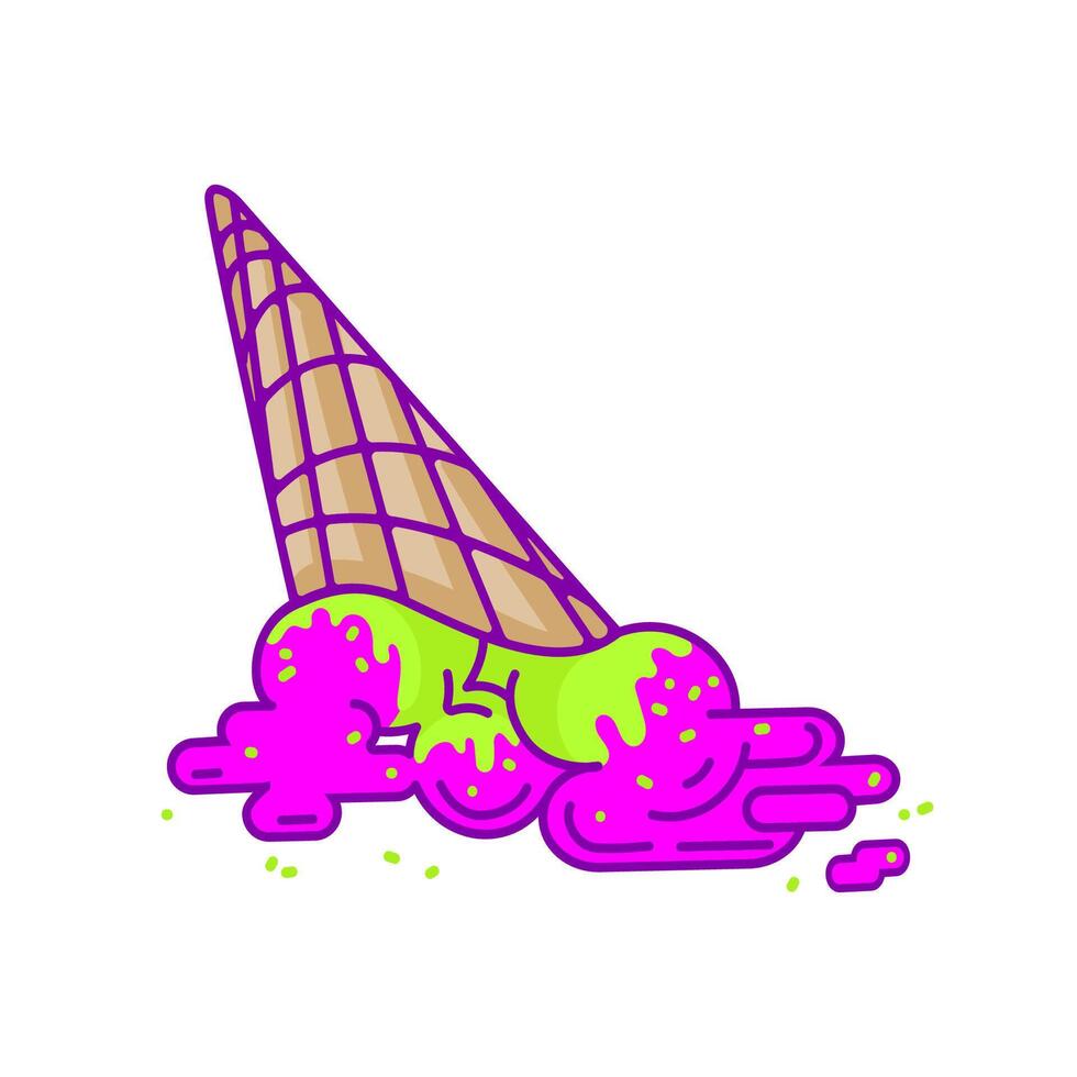 Dropped melting ice cream cone on the floor colorful illustration. Ice cream logo, emblem, fashionable print, sticker design. Summer sweet dessert vector