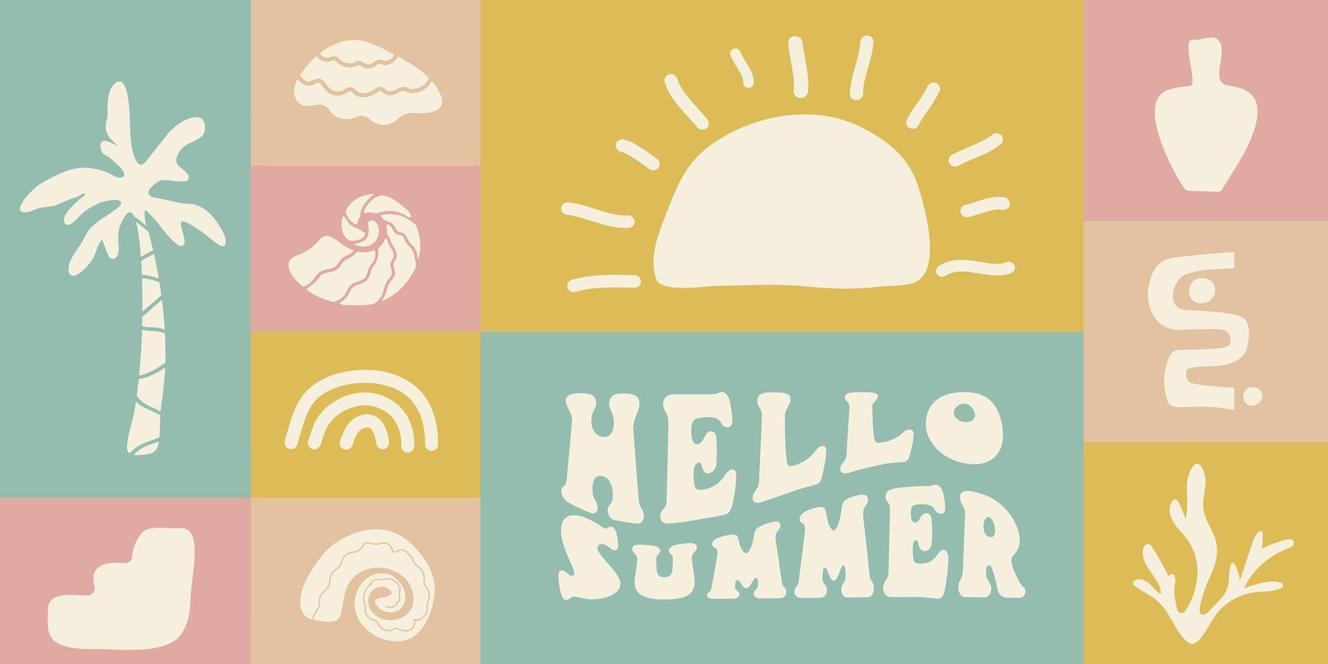 Retro Groovy Surf Club in trendy Boho style. Naive Geometric Summer Palm Tree. Simple background of sun sea. Retro Summer Beach Hand Drawn isolated illustration. Vintage Surf Club. illustration vector