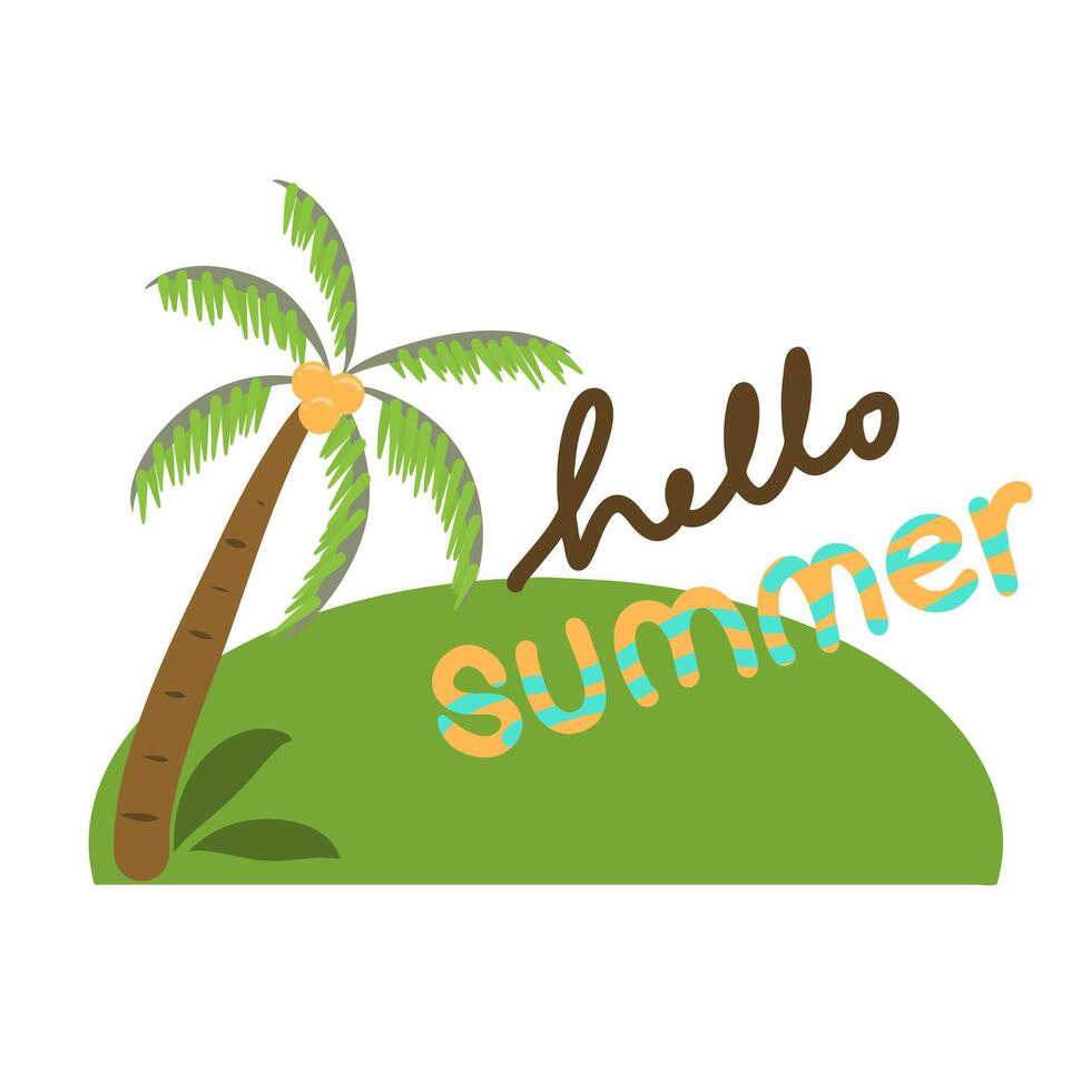 Coconut tree and hello summer text hand lettering, graphic illustration vector
