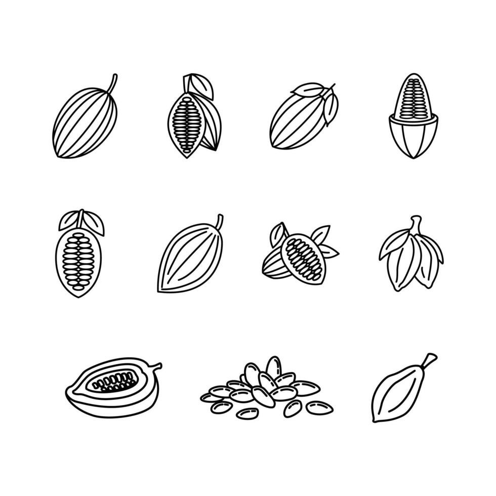 Cocoa beans and cocoa pods icons set vector