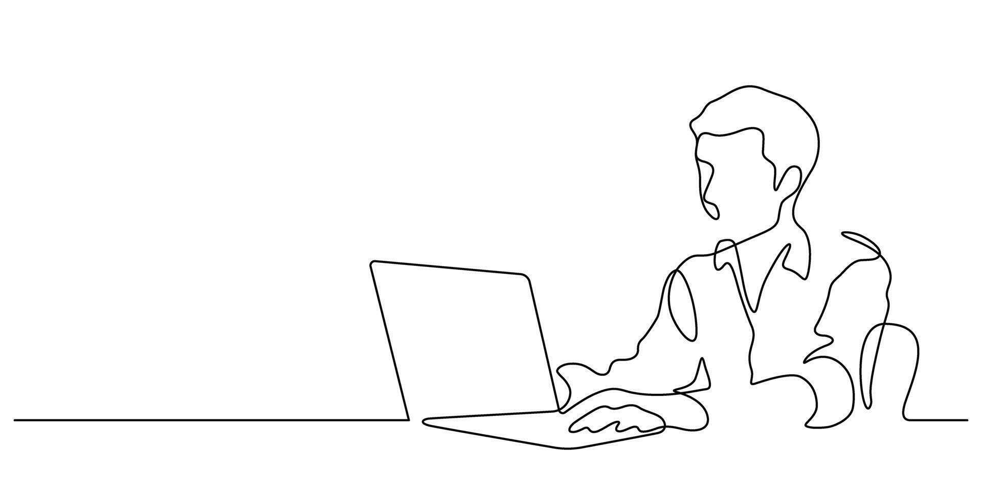 young man using laptop computer one line continuous vector