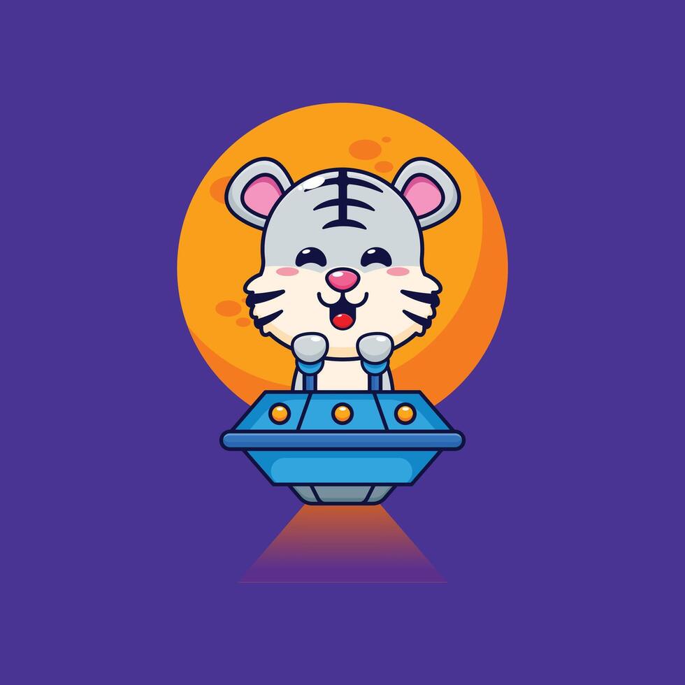 Cute white tiger mascot cartoon character fly with ufo vector