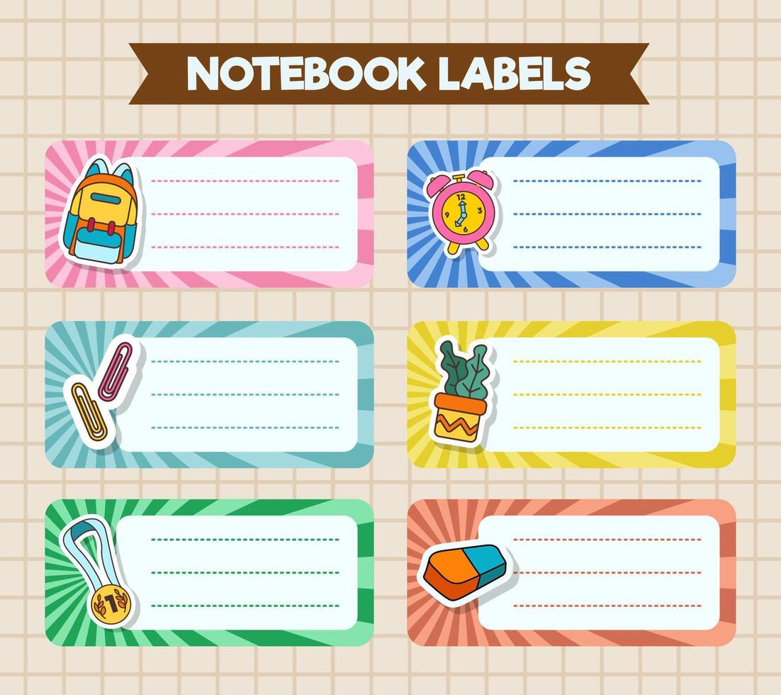 Notebook labels. icons of school subjects. colorful design vector