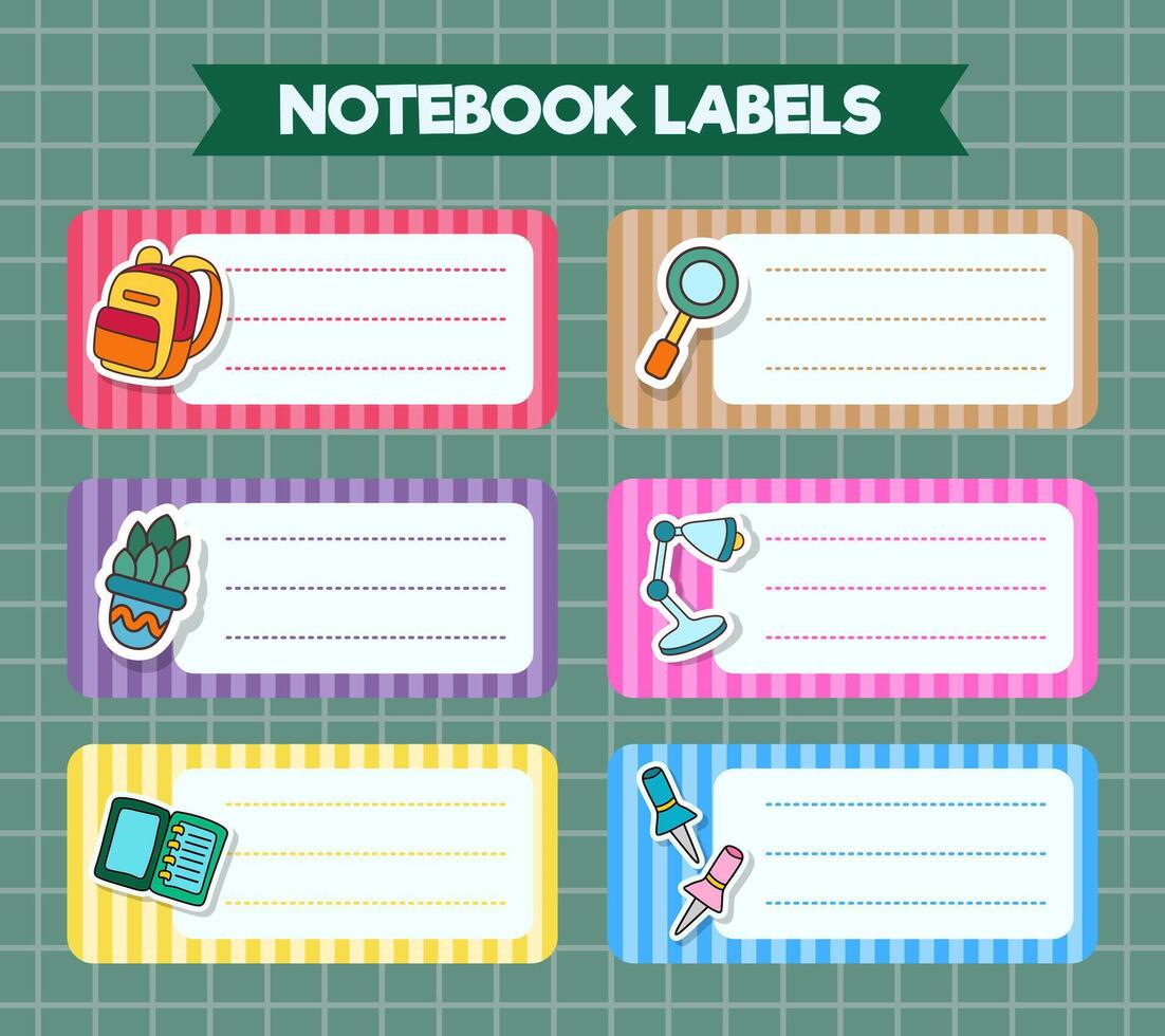 Notebook labels. icons of school subjects. colorful design vector