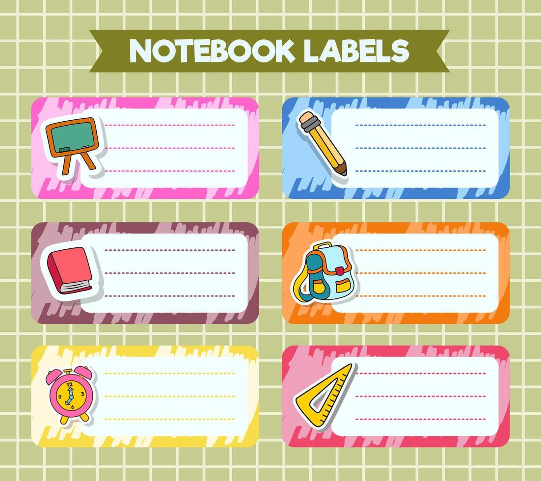 Notebook labels. icons of school subjects. colorful design vector