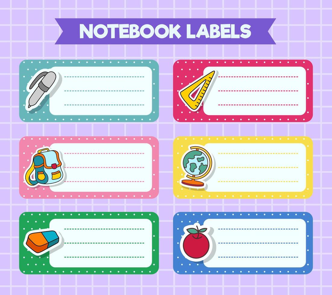 Notebook labels. icons of school subjects. colorful design vector