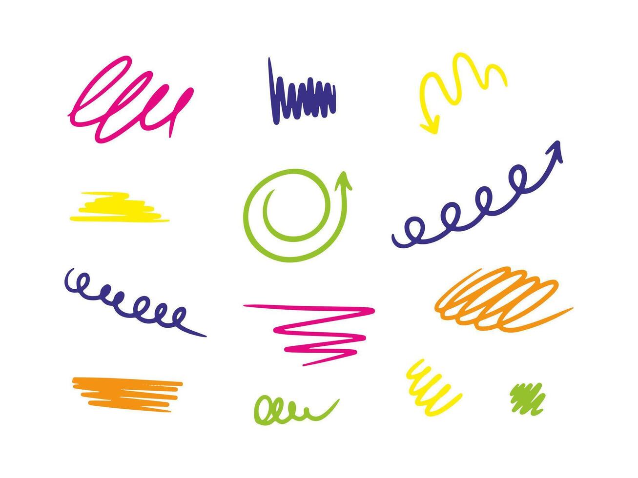 Doodle arrows, spring and spiral set, hand drawn coil icons. Scribble lines, swirls arrows, scrawls. Doodle color drawing. Direction pointers. vector