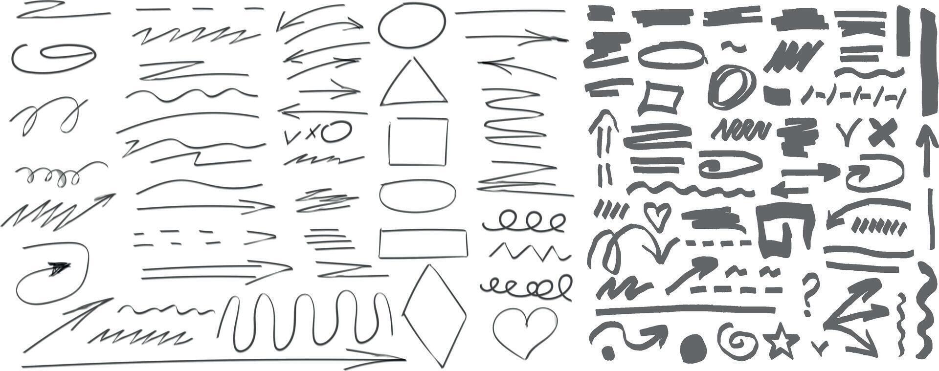 Hand drawn sketch black marker, brushed signs, arrows, lines, shapes, handwritten, design elements set isolated on white background. illustration vector