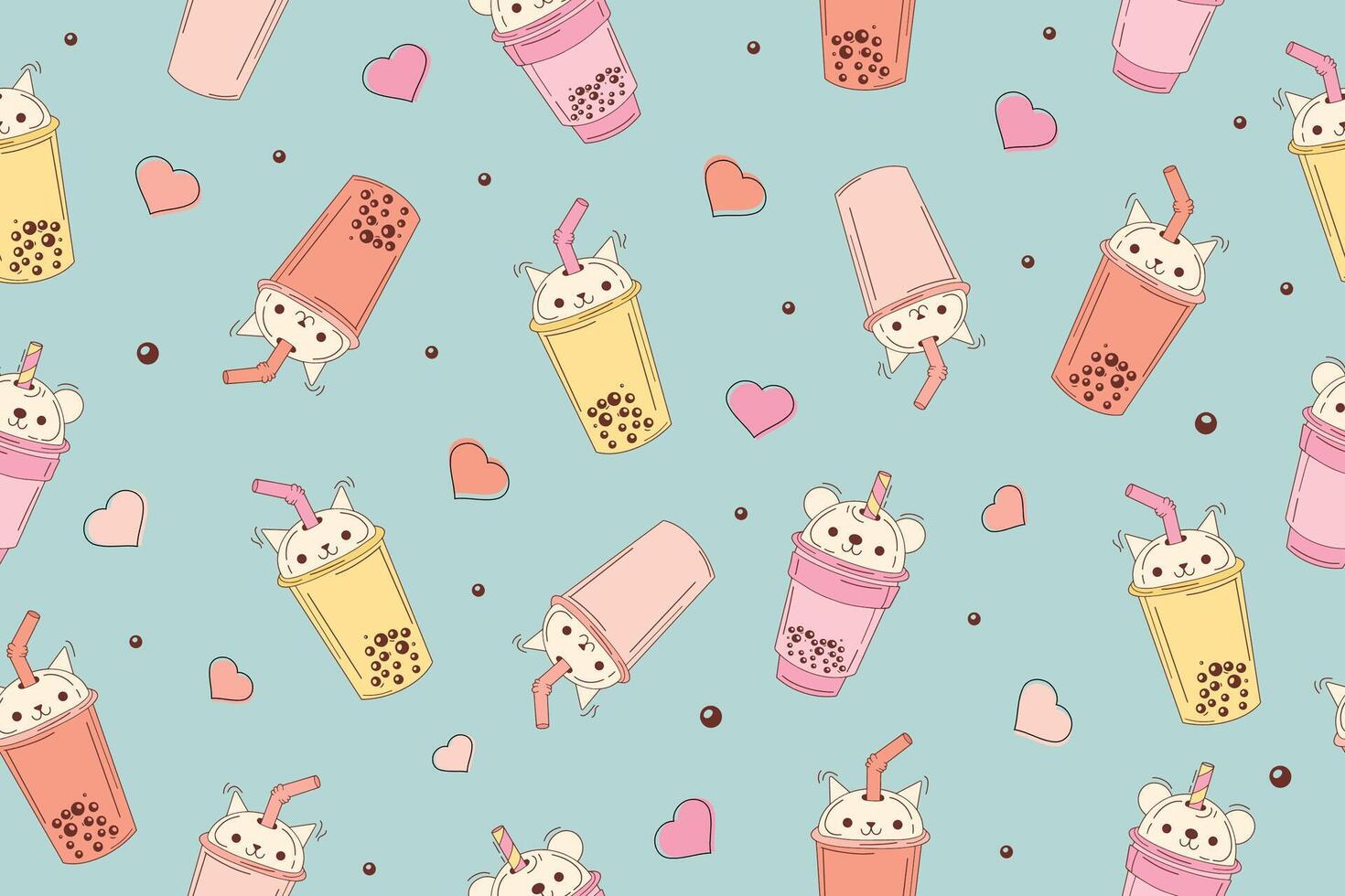 Bubble milk tea funny seamless pattern. Hand drawn kawaii smiled drinks with tapioca pearls. Cute cartoon illustration. Colorful background with ice tea characters. vector